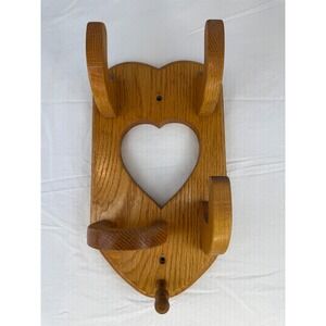 Vintage Oak Wood Heart Cutout Wall Rack 4 Hook Mug Holder Country Home Decor